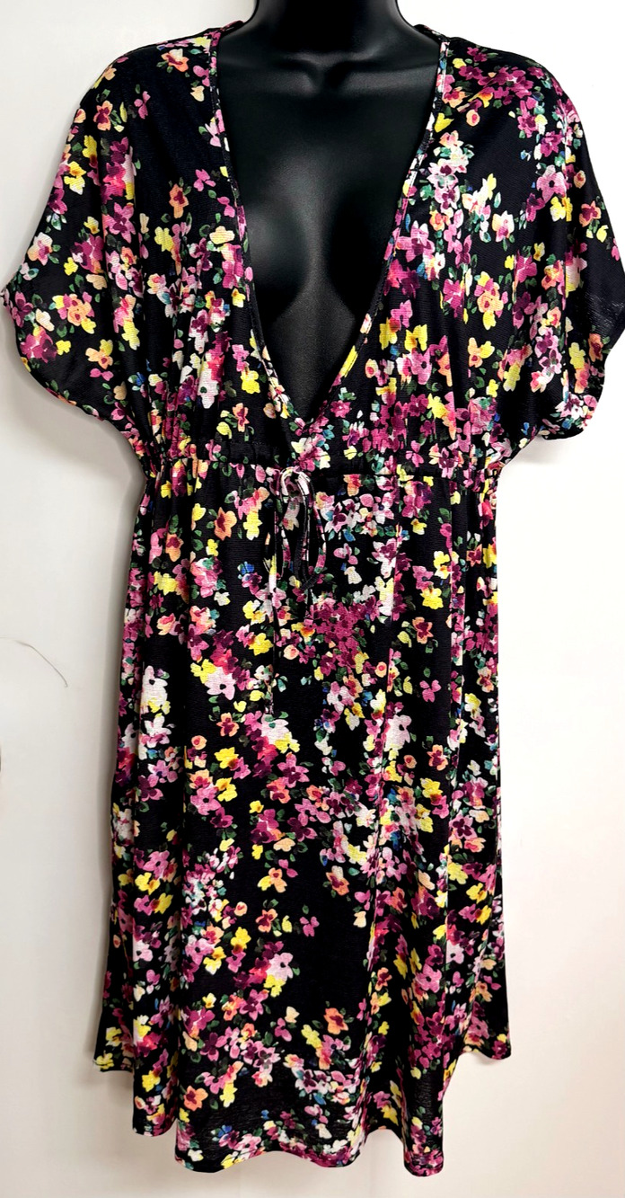 Lands' End Cover Up Dress Womens XL Black Floral V-Neck Drawstring Swimwear NEW